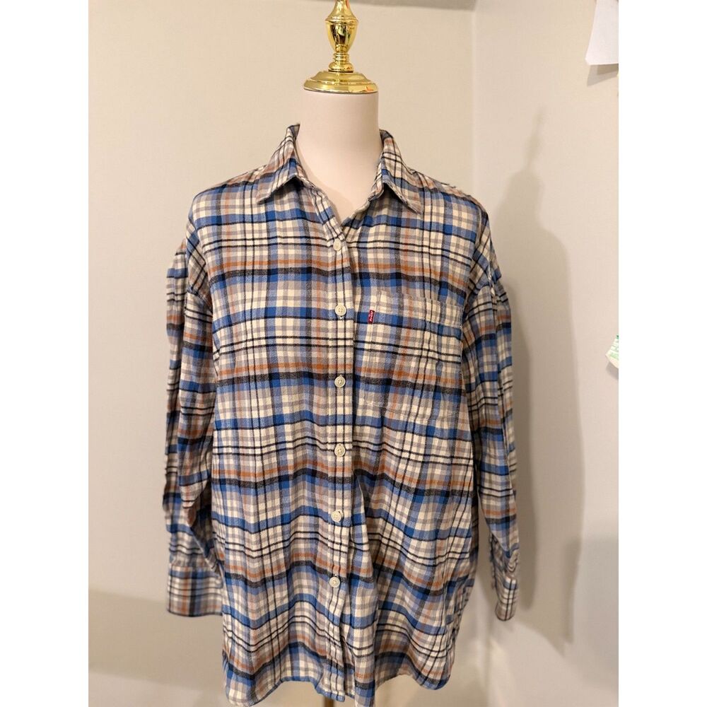 Leviās Womenās Plaid Flannel Button Down Shirt Blue Cream Rust Size S